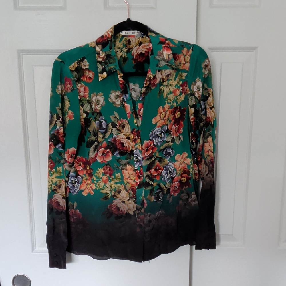 Alice + Olivia Teal Floral Button-Up Blouse